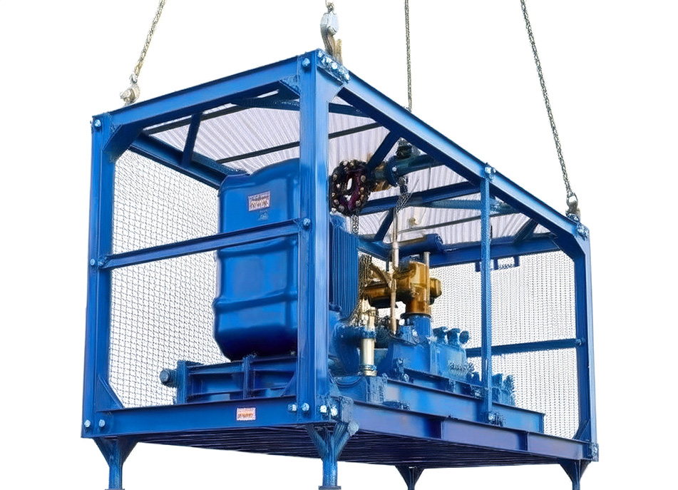 blue prefabricated shipping sontainer frame mobile generator engine crane lifted